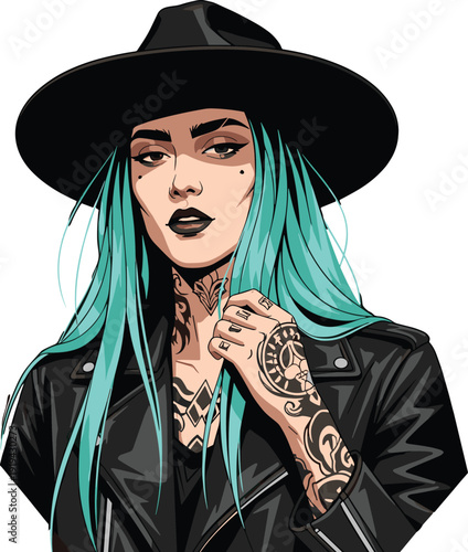 Portrait of a stylish young woman with teal hair tattoos and black leather jacket wearing a wide brimmed hat isolated on whitePortrait of a stylish you wearing a wide brimmed hat isolated on white