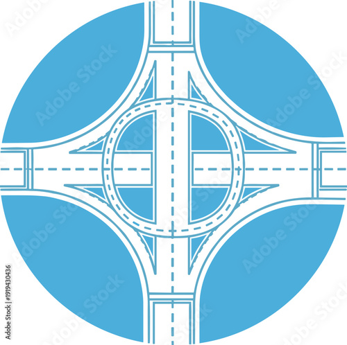 Road network roundabout design on blue background with lanes, arrows and crosswalks