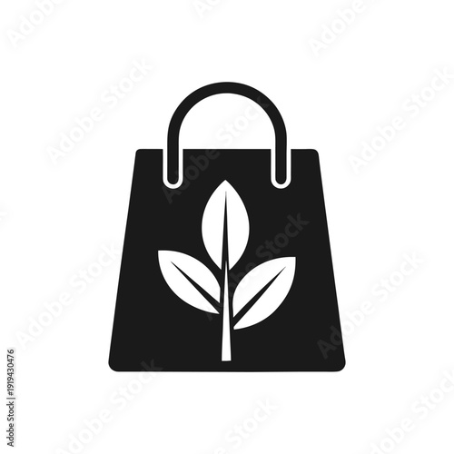  Eco-Friendly Reusable Black Shopping Bag Icon with White Plant Leaf Design.