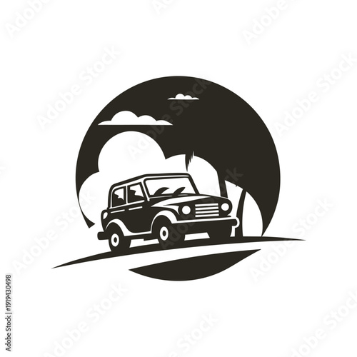 Jeep Driving on Beach Sand Dunes with Palm Tree.