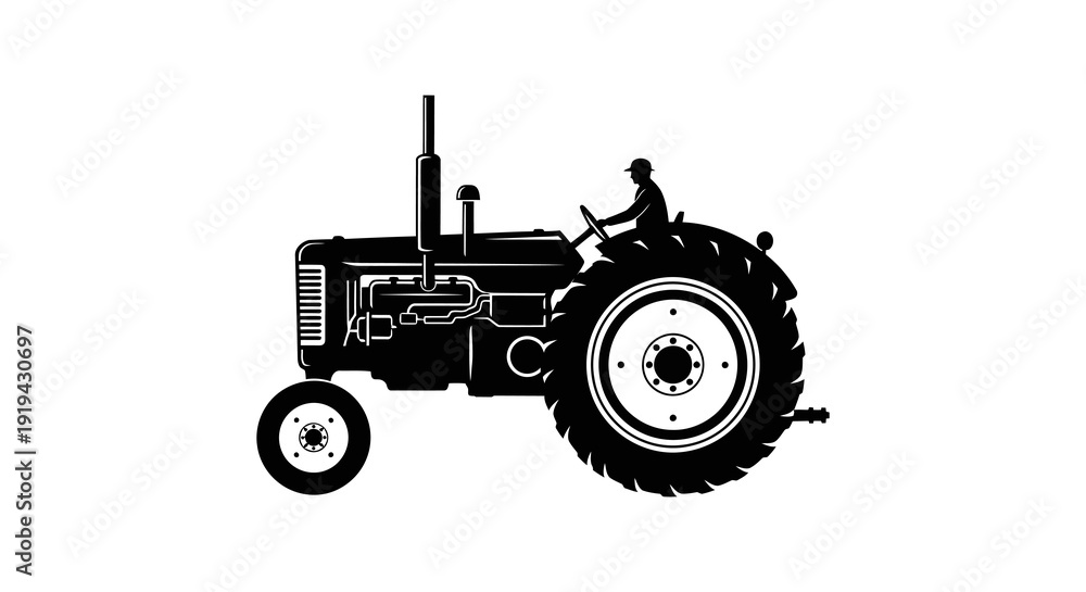 Obraz premium Black and white silhouette of a vintage tractor with a driver