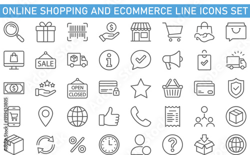 Online shopping and ecommerce line icons set, retail store, delivery service, payment, discount, customer support vector collection