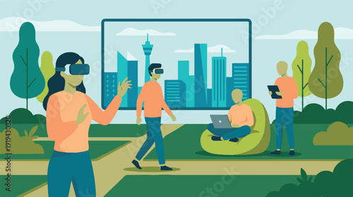 People experiencing virtual reality and digital devices in an outdoor park