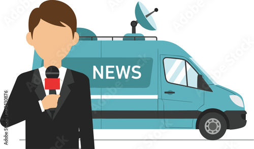 Professional male news reporter holding microphone with broadcasting van and satellite dish isolated on white for journalism and media breaking newsProfessional male news reporter holding 