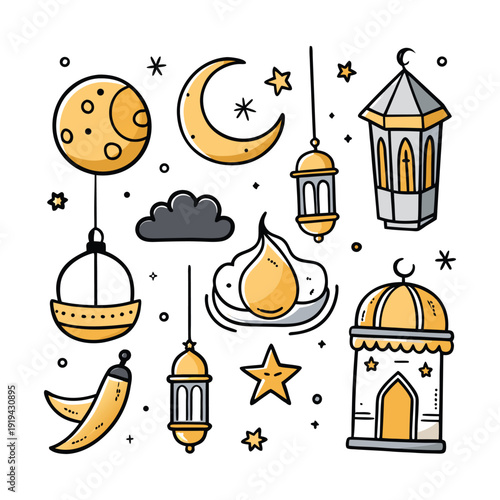  Ramadan Kareem Decoration Set With Lanterns Crescent Moons Stars And Mosque Outline Icons. 