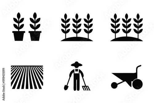 Rural farming tools silhouette Black and white agriculture set with plants farmer and tools potted plants