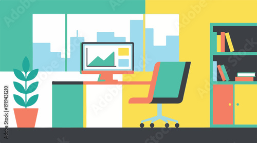 Modern flat design office workspace with computer, plant, and cityscape view