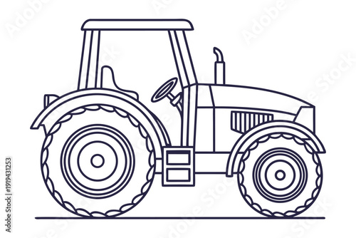 Rural farming tools silhouette Black and white line of a farm tractor side view with large treaded wheels