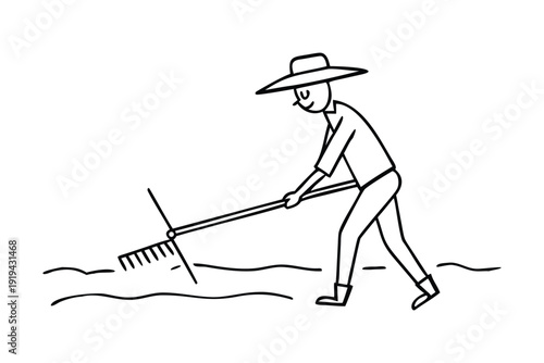 Rural farming tools silhouette Black and white line of a person using a garden rake wearing a wide brimmed hat