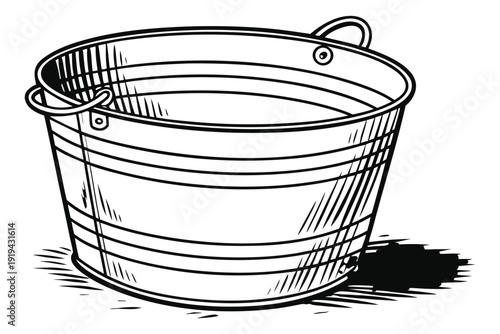 Rural farming tools silhouette Black and white line of a wire basket with handles and shadow