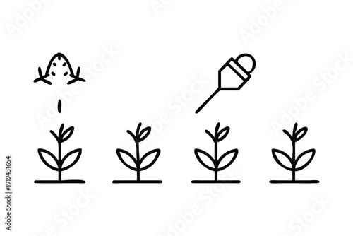 Rural farming tools silhouette Black and white line of seed germination and plant fertilization stages