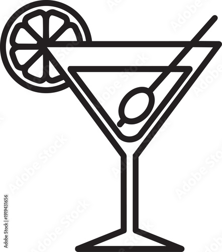 Elegant Cocktail Silhouette: A minimalist illustration of a classic cocktail, complete with a lemon slice garnish and a skewered olive, perfect for evoking a sense of sophistication and refreshment.