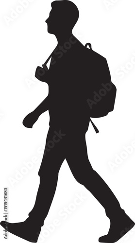 Young man with backpack walking, traveler silhouette, isolated on transparent background, vector