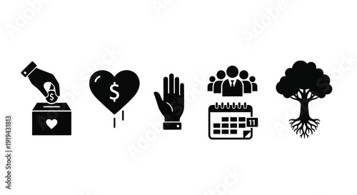 Collection of black silhouette icons representing charity finance social responsibility calendar and nature elements
