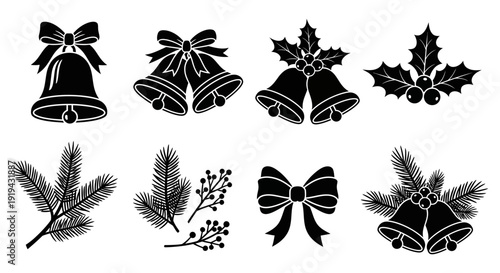 Black and white illustration of christmas bells holly and pine branches