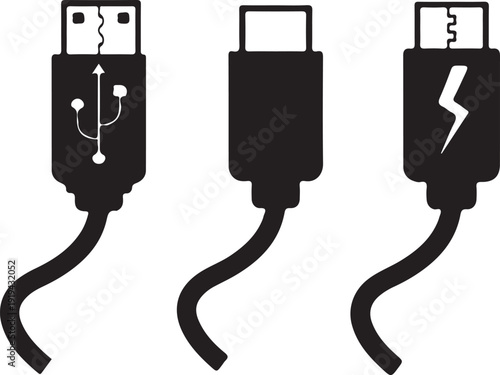 A professional vector illustration of a USB flash drive and electric power cable equipment isolated on a white background representing modern technology and communication connection