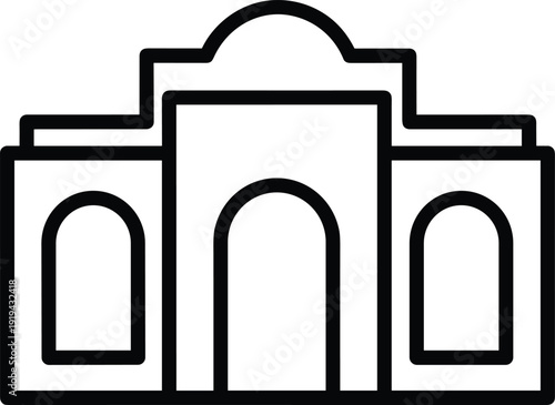 Architectural building facade outline with central arch and symmetrical windows representing public office