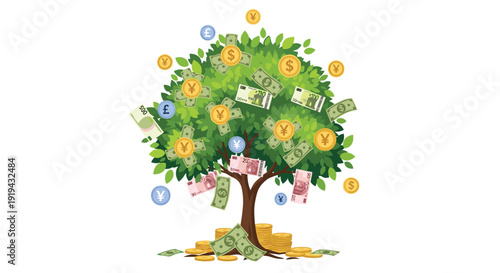A vibrant green money tree grows and sheds various international currency banknotes and coins, with more coins piled at its base.