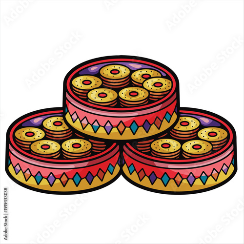 vector illustration of cookies in round jars for eid al-fitr celebration. assorted ied cookies or nastar in tins illustration. ramadan kareem hampers concept. High-quality vector design illustration.