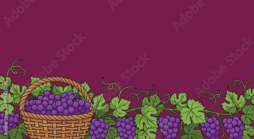 Basket of Grapes with Green Leaves.