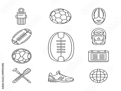 Professional Sports Equipment Dynamic Line Icon Collection