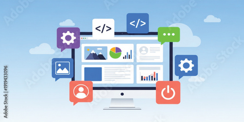 Web Development and Programming Technology Concept with Coding Icons, Analytics Dashboard, UI Design Elements, Cloud Computing and Software Engineering Workflow Illustration