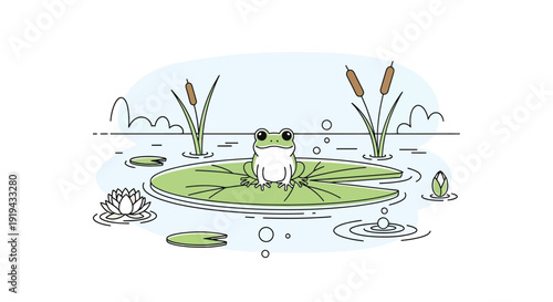 Cute cartoon frog with wide eyes resting peacefully upon a large green lily pad floating gently upon the calm water of a pond environment