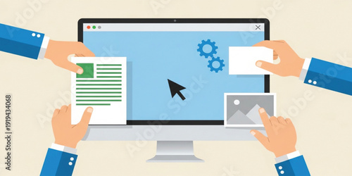 Web Design and Content Management Concept with Desktop Monitor, UI Elements, Images and Text Editing for Website Development Vector Illustration