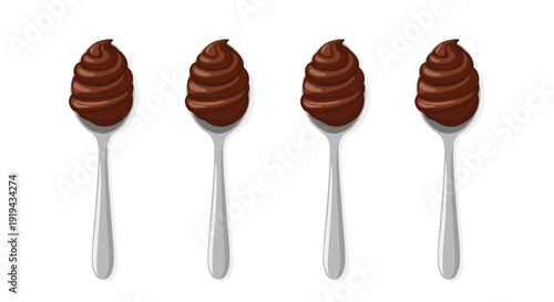 Four silver spoons, each topped with a perfectly swirled dollop of rich brown chocolate cream dessert, neatly aligned on a pristine white background.