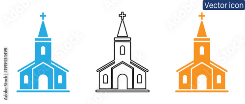 Set of three church icons in different colors - blue, black and orange