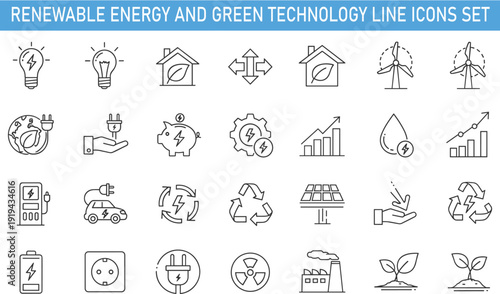 Renewable energy and green technology line icons set, solar wind power eco house electric vehicle sustainability vector collection