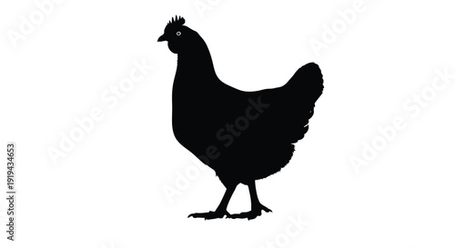 Black silhouette illustration of a standing hen facing left isolated on a clean white background