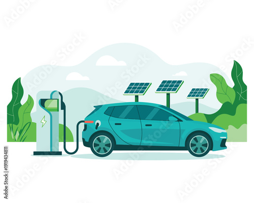 Electric car charging at a station powered by solar panels, promoting sustainable energy and eco-friendly transportation