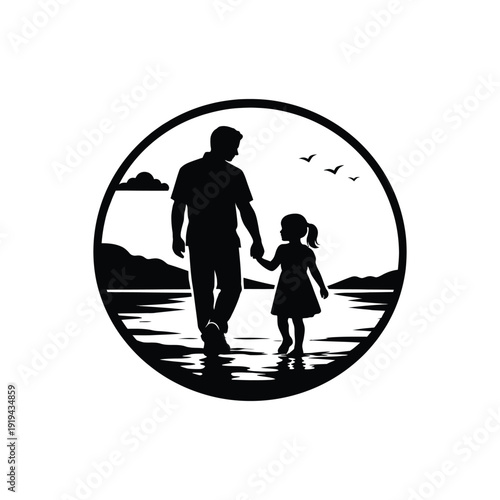 A silhouette image capturing a father and daughter holding hands as they walk along the beach together Vector