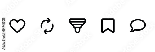 like, share, comment, repost, save linear vector icons, social media site navigation symbols for web, app, and digital communication design.