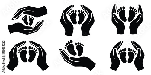 Mother Hands Holding Baby Feet Vector Art Icon Set, infant protection and nurturing concept with detailed baby feet in caring hands, monochrome vector icons on white background for medical, family, 
