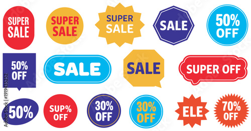 Colorful sale labels and badges set, discount tags, promotional stickers, special offers, vector design, marketing graphics