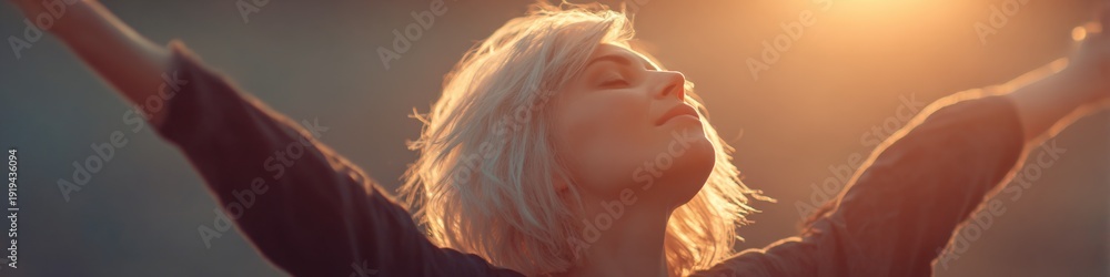 Fototapeta premium Caucasian female young adult embracing sunlight with open arms in nature