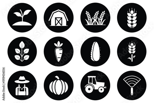 Monochrome agriculture and farming set with plants tractors and barns in rural farming tools silhouette black and white