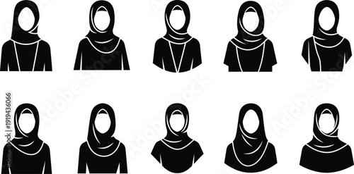 Nine black and white illustrations of women wearing hijabs