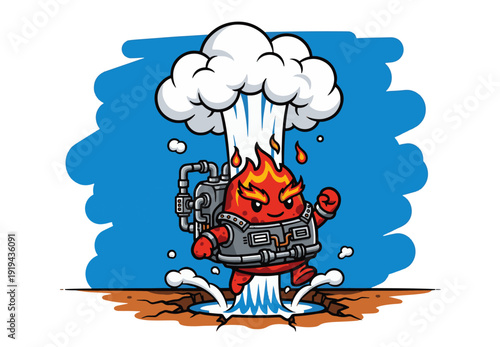 Vibrant cartoon fire character with steam engine in dynamic action