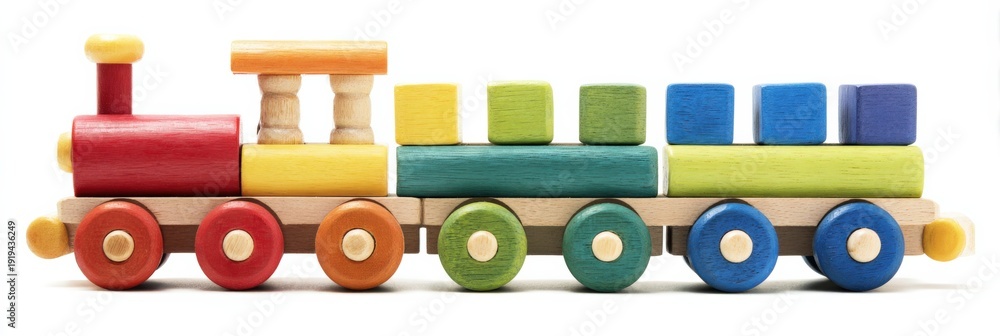 Obraz premium Colorful wooden toy train with stacked blocks and red wheels