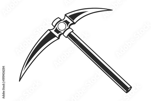 Rural farming tools silhouette Black and white line of a curved pickaxe with sharp ends and cylindrical handle