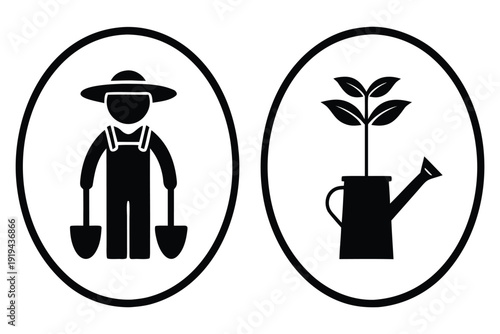 Rural farming tools silhouette Black and white of gardener with shovel and potted plant with watering can