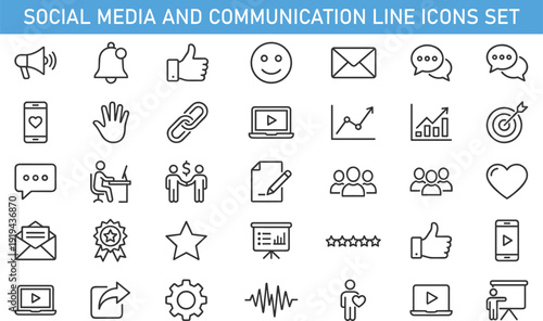 Social media and communication line icons set, marketing feedback engagement outline vector illustration collection