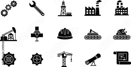 Engineering icon illustration, industrial construction artwork, factory and gear design vector, mechanical symbol set, technology concept, manufacturing element