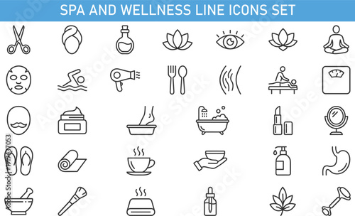 Spa and wellness line icons set, beauty salon massage meditation skincare cosmetic treatment vector illustration isolated on white background
