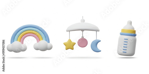 Cute Baby Nursery 3D Icons with Rainbow, Crib Mobile and Feeding Bottle Isolated on White Background for Newborn Care Vector Illustration