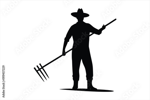 Silhouette of a farmer holding a pitchfork and a stick wearing a wide brimmed hat rural farming tools silhouette