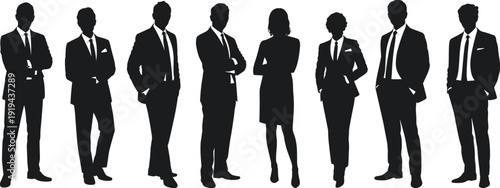 Black silhouettes of business people standing in various poses white background